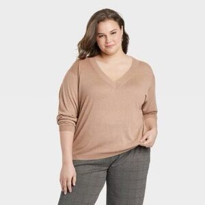 Women's Long Sleeve Fine Gauge V-Neck Pullover Sweater - A New Day camel XXL